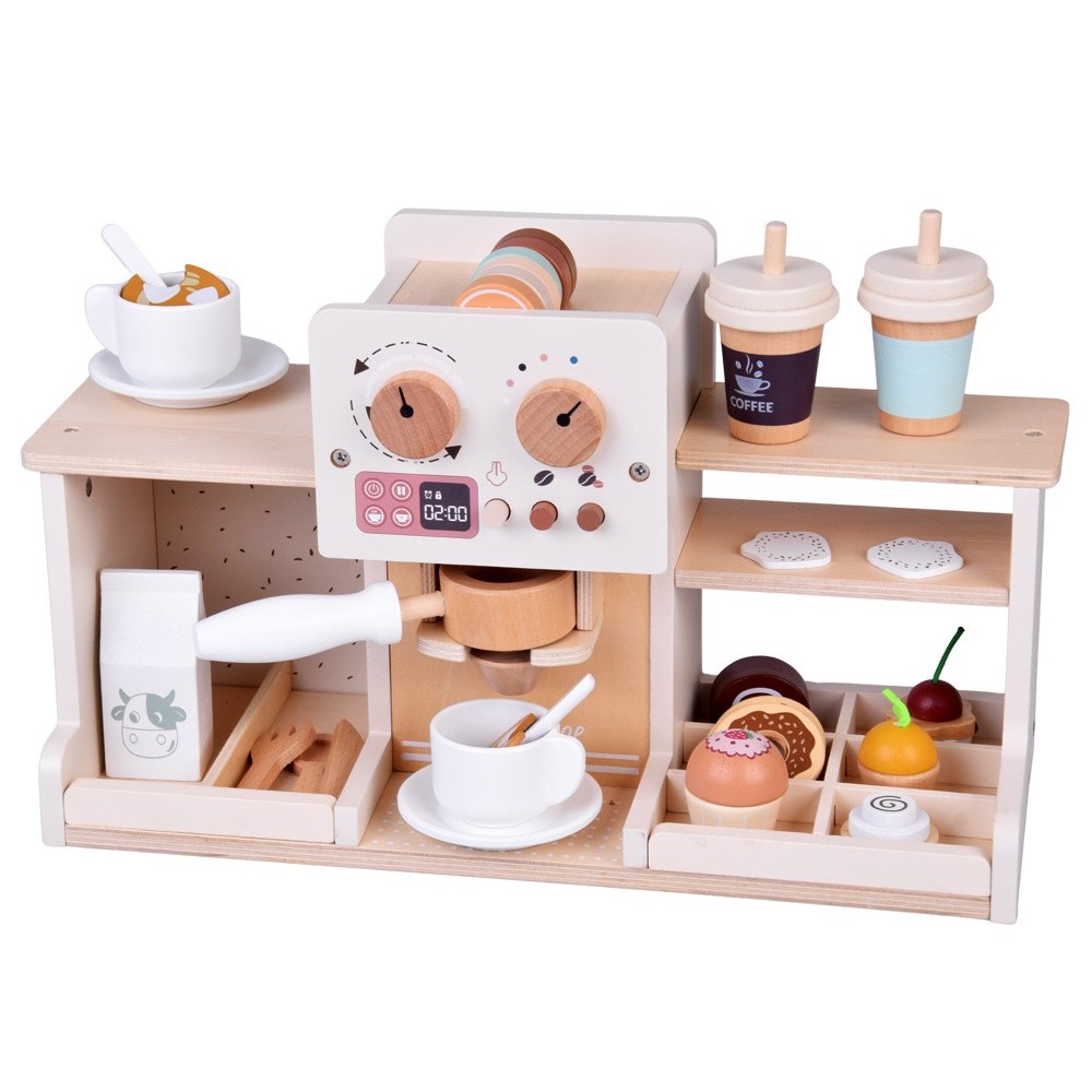 JOKO Detská Drevená Kaviareň, Cukráreň s Kávovarom, Pokladňou + zákusky, cupcakes, muffiny