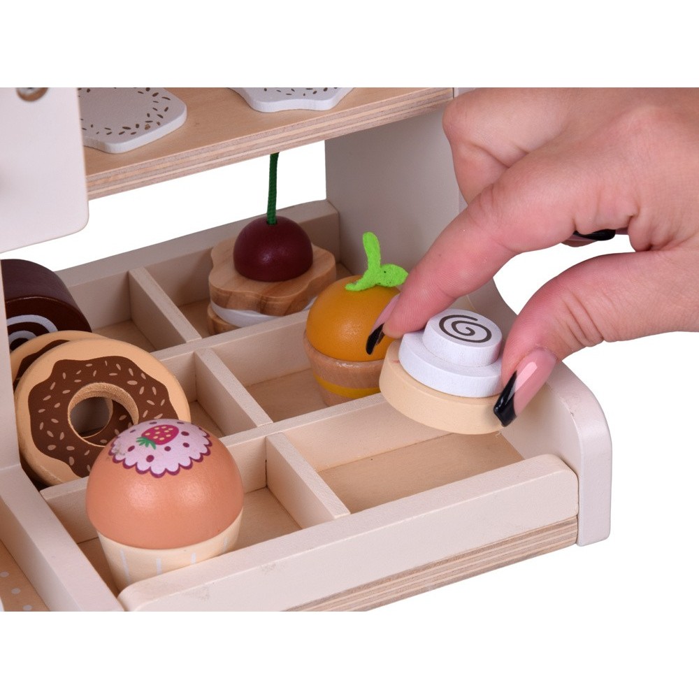 JOKO Detská Drevená Kaviareň, Cukráreň s Kávovarom, Pokladňou + zákusky, cupcakes, muffiny