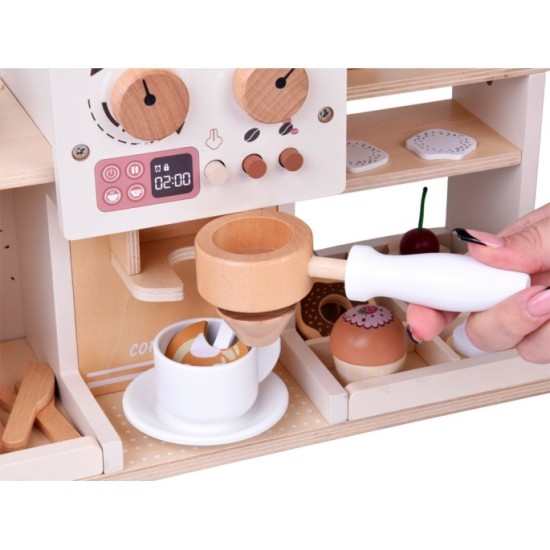 JOKO Detská Drevená Kaviareň, Cukráreň s Kávovarom, Pokladňou + zákusky, cupcakes, muffiny