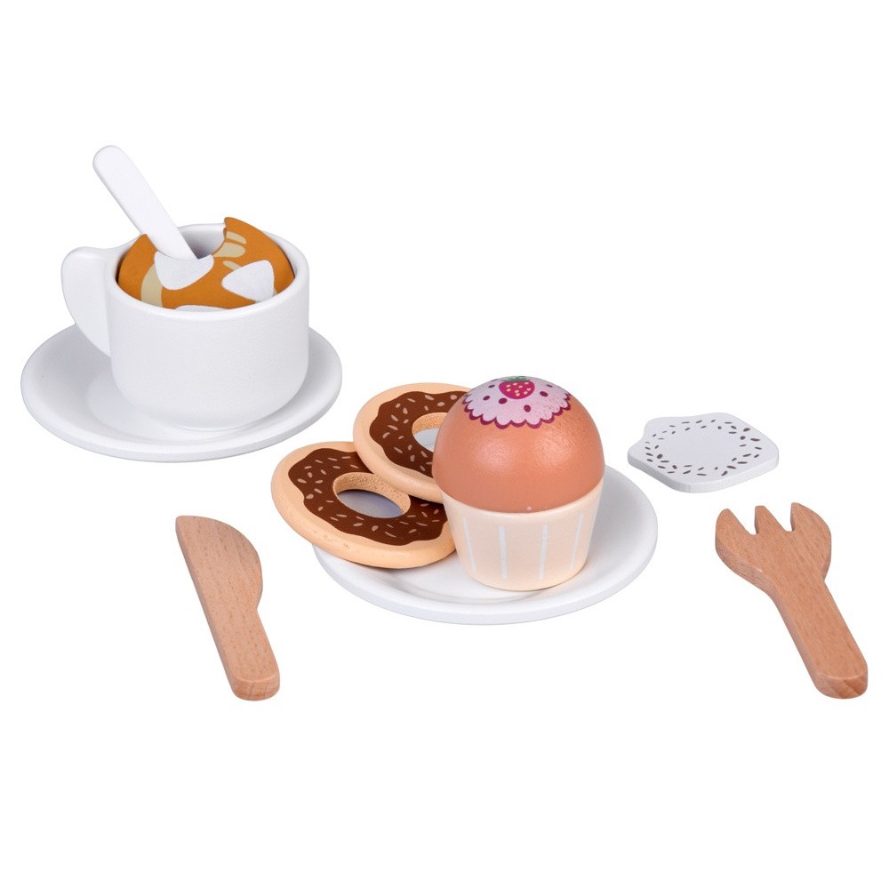 JOKO Detská Drevená Kaviareň, Cukráreň s Kávovarom, Pokladňou + zákusky, cupcakes, muffiny