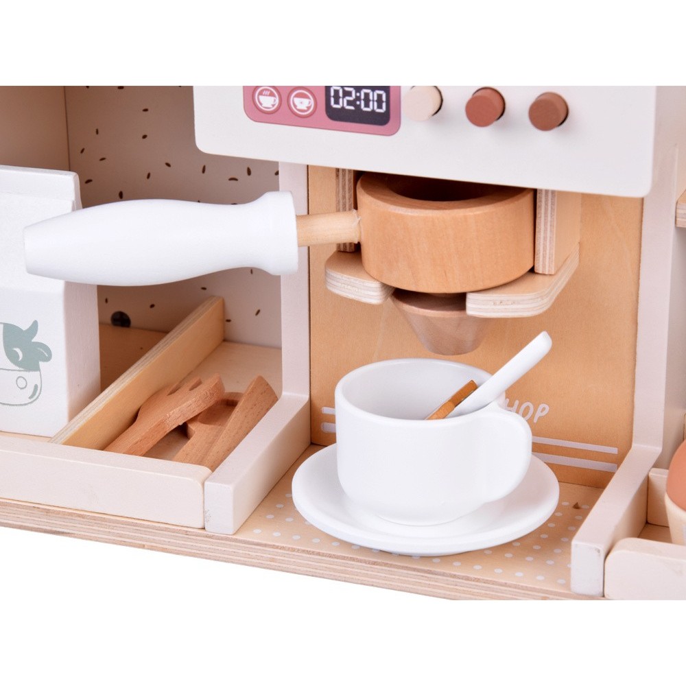 JOKO Detská Drevená Kaviareň, Cukráreň s Kávovarom, Pokladňou + zákusky, cupcakes, muffiny