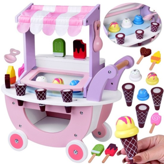 JOKO Detská Drevená Zmrzlináreň ICE CREAM, vozík so zmrzlinou + 8 druhov zmrzliny so suchým zipsom