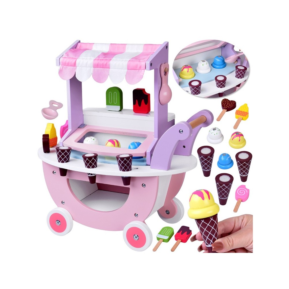 JOKO Detská Drevená Zmrzlináreň ICE CREAM, vozík so zmrzlinou + 8 druhov zmrzliny so suchým zipsom
