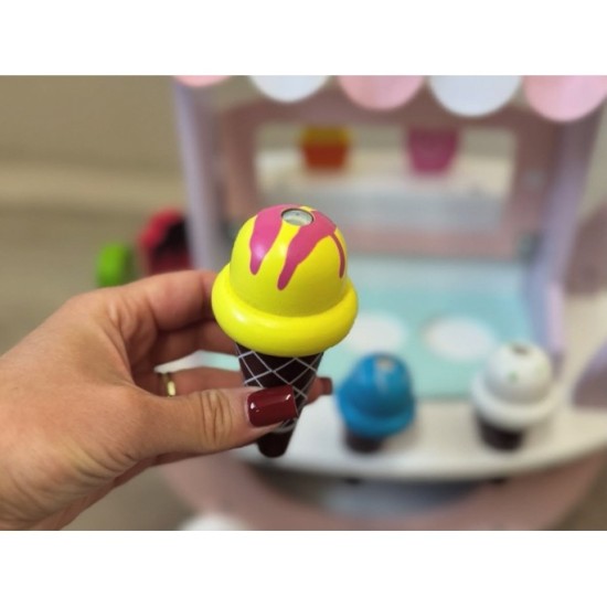 JOKO Detská Drevená Zmrzlináreň ICE CREAM, vozík so zmrzlinou + 8 druhov zmrzliny so suchým zipsom