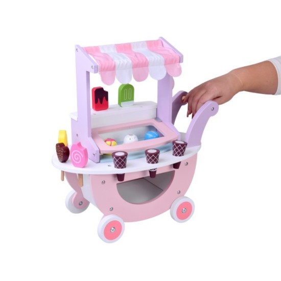 JOKO Detská Drevená Zmrzlináreň ICE CREAM, vozík so zmrzlinou + 8 druhov zmrzliny so suchým zipsom