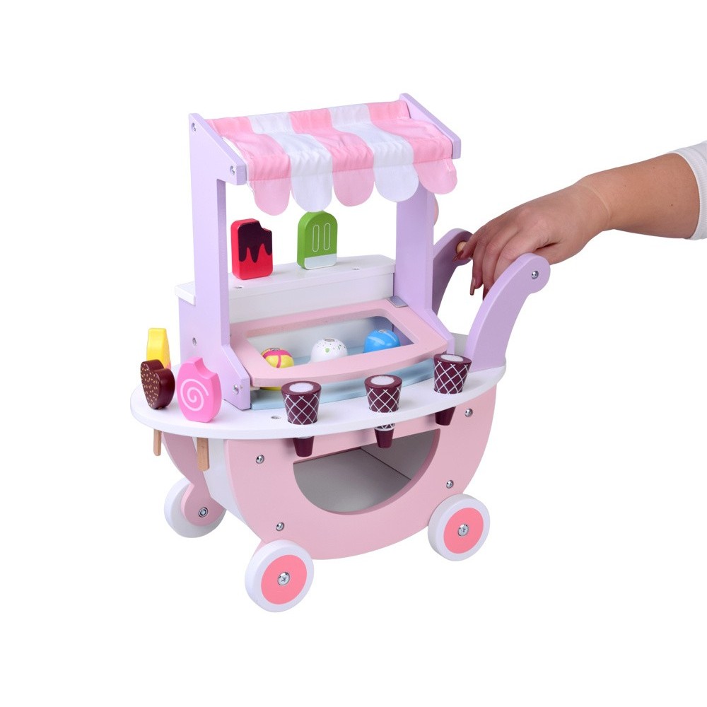 JOKO Detská Drevená Zmrzlináreň ICE CREAM, vozík so zmrzlinou + 8 druhov zmrzliny so suchým zipsom