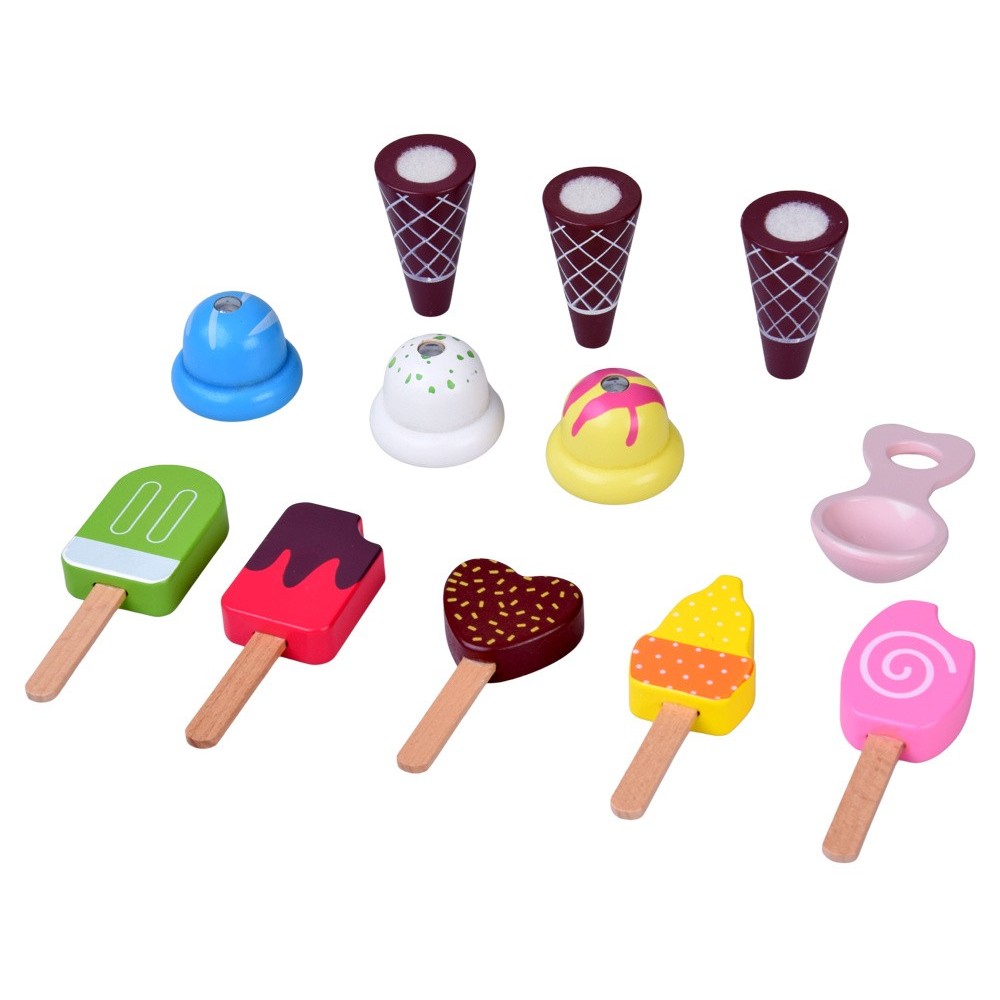 JOKO Detská Drevená Zmrzlináreň ICE CREAM, vozík so zmrzlinou + 8 druhov zmrzliny so suchým zipsom