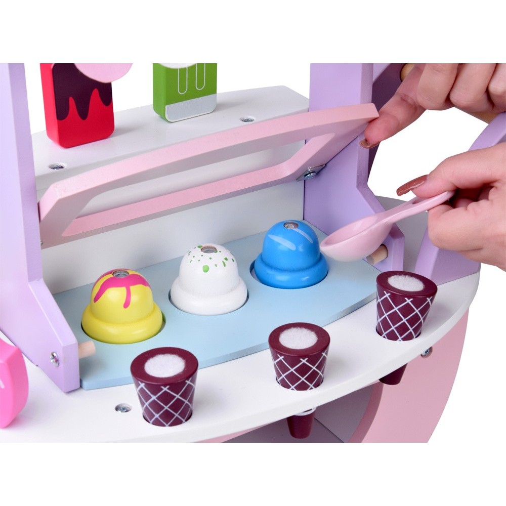 JOKO Detská Drevená Zmrzlináreň ICE CREAM, vozík so zmrzlinou + 8 druhov zmrzliny so suchým zipsom