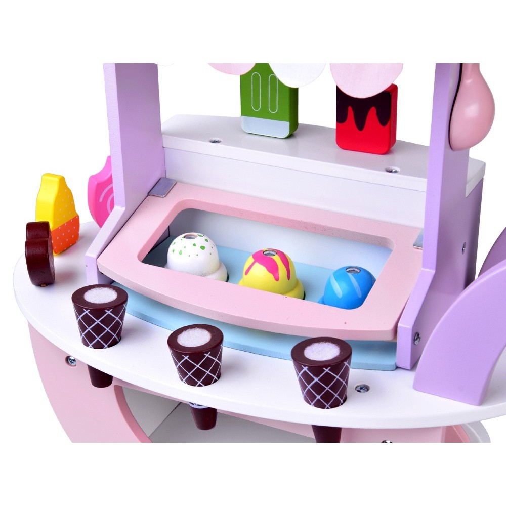 JOKO Detská Drevená Zmrzlináreň ICE CREAM, vozík so zmrzlinou + 8 druhov zmrzliny so suchým zipsom