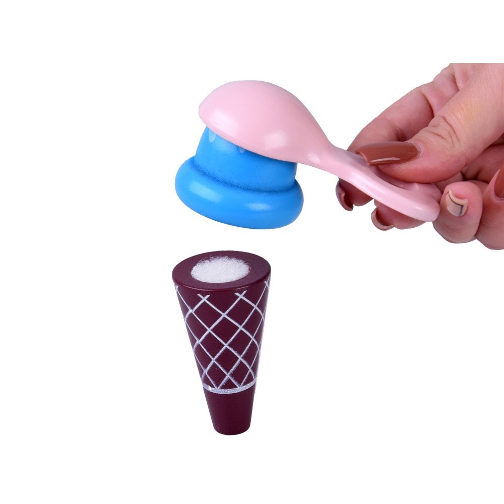 JOKO Detská Drevená Zmrzlináreň ICE CREAM, vozík so zmrzlinou + 8 druhov zmrzliny so suchým zipsom