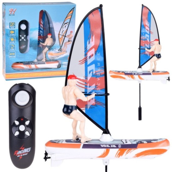 JOKO RC WINDSURFER plávajúci vo VODE na diaľkové ovládanie + Figúrka Windsurfera, nabíjačka, Led svetlo, modrý