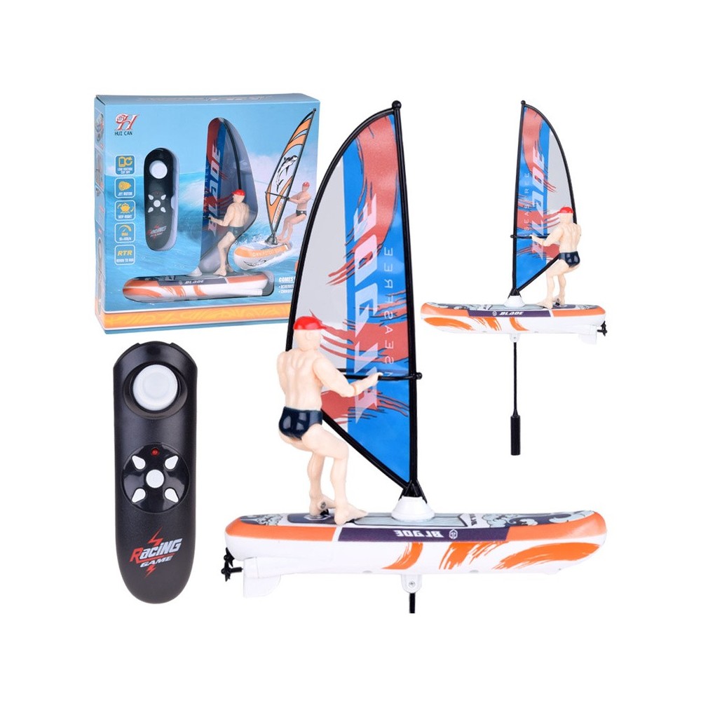 JOKO RC WINDSURFER plávajúci vo VODE na diaľkové ovládanie + Figúrka Windsurfera, nabíjačka, Led svetlo, modrý