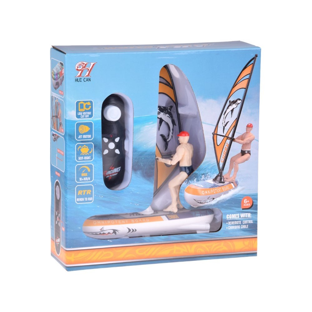 JOKO RC WINDSURFER plávajúci vo VODE na diaľkové ovládanie + Figúrka Windsurfera, nabíjačka, Led svetlo, žltý