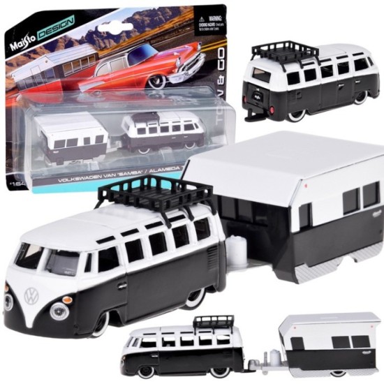 Maisto Sada Kovový Model Auto Volkswagen VAN Samba s Obytným Prívesom 1:64