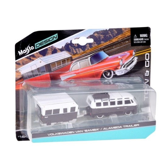 Maisto Sada Kovový Model Auto Volkswagen VAN Samba s Obytným Prívesom 1:64