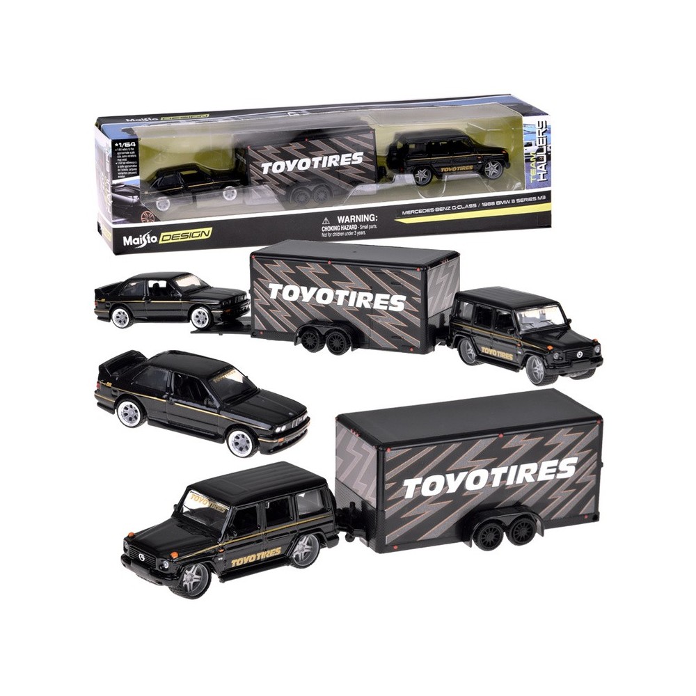 Maisto Sada 3v1 Kovové auto 1:64 Mercedes-Benz G 1988 a Kovové auto BMW M3 E30 s Prívesom, čierne