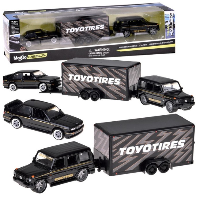 Maisto Sada 3v1 Kovové auto 1:64 Mercedes-Benz G 1988 a Kovové auto BMW M3 E30 s Prívesom, čierne
