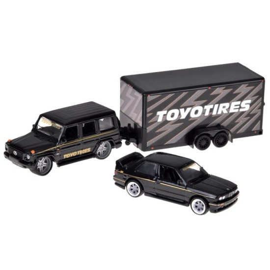 Maisto Sada 3v1 Kovové auto 1:64 Mercedes-Benz G 1988 a Kovové auto BMW M3 E30 s Prívesom, čierne
