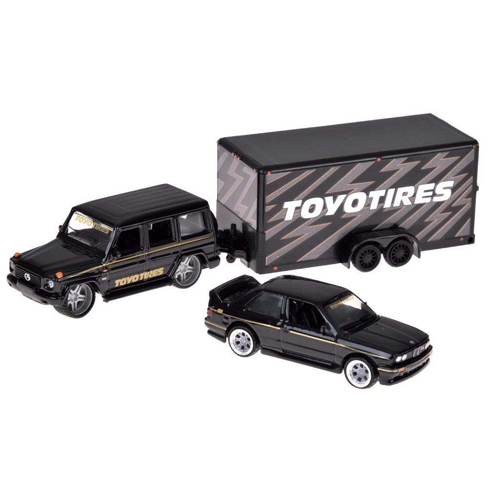 Maisto Sada 3v1 Kovové auto 1:64 Mercedes-Benz G 1988 a Kovové auto BMW M3 E30 s Prívesom, čierne