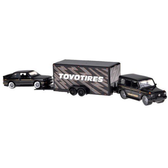 Maisto Sada 3v1 Kovové auto 1:64 Mercedes-Benz G 1988 a Kovové auto BMW M3 E30 s Prívesom, čierne