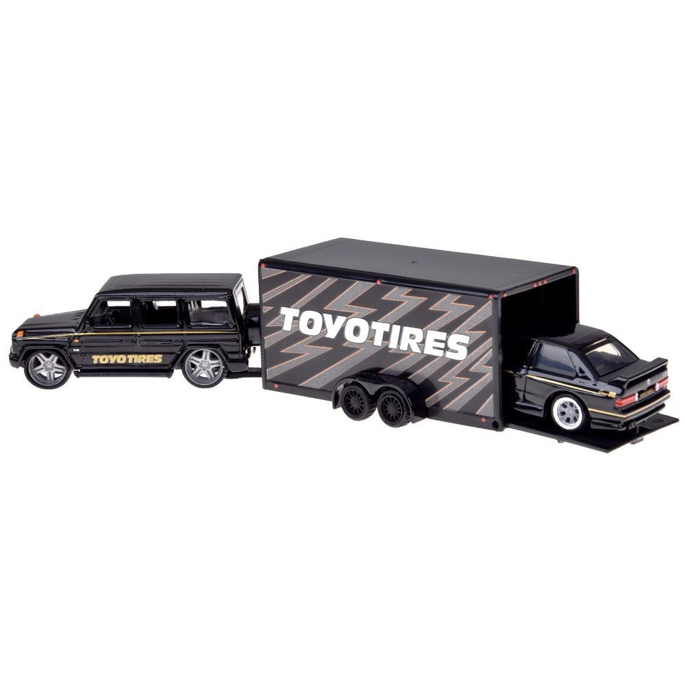 Maisto Sada 3v1 Kovové auto 1:64 Mercedes-Benz G 1988 a Kovové auto BMW M3 E30 s Prívesom, čierne