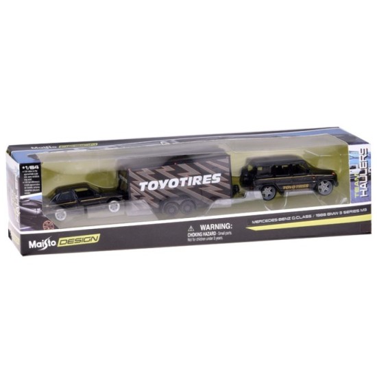 Maisto Sada 3v1 Kovové auto 1:64 Mercedes-Benz G 1988 a Kovové auto BMW M3 E30 s Prívesom, čierne