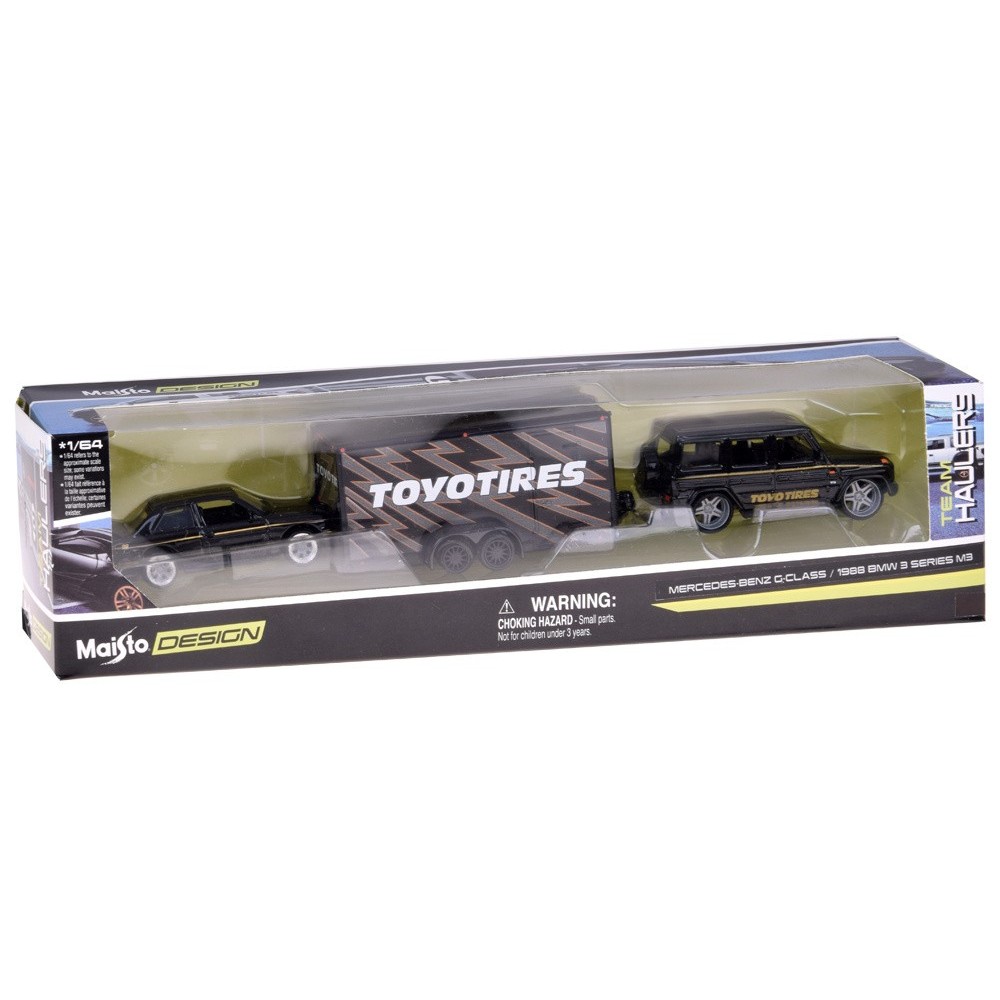 Maisto Sada 3v1 Kovové auto 1:64 Mercedes-Benz G 1988 a Kovové auto BMW M3 E30 s Prívesom, čierne