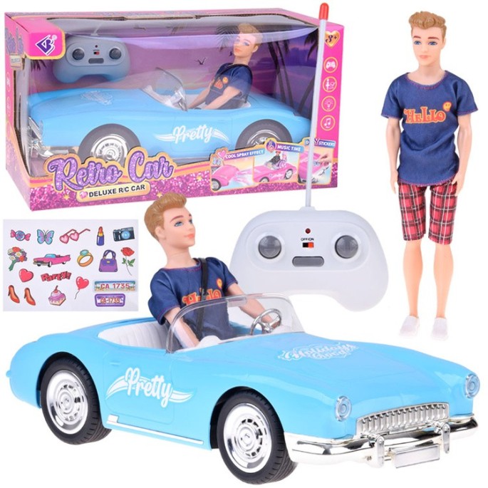 JOKO RC Kabriolet Retro Cadilac na diaľkové ovládanie so svetlom a zvukom + Bábika KEN, modrý