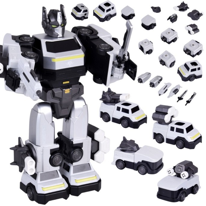 JOKO Transformer Figúrka Magnetický Robot 31cm 2v1 so svetlom na batérie, bielo-strieborný