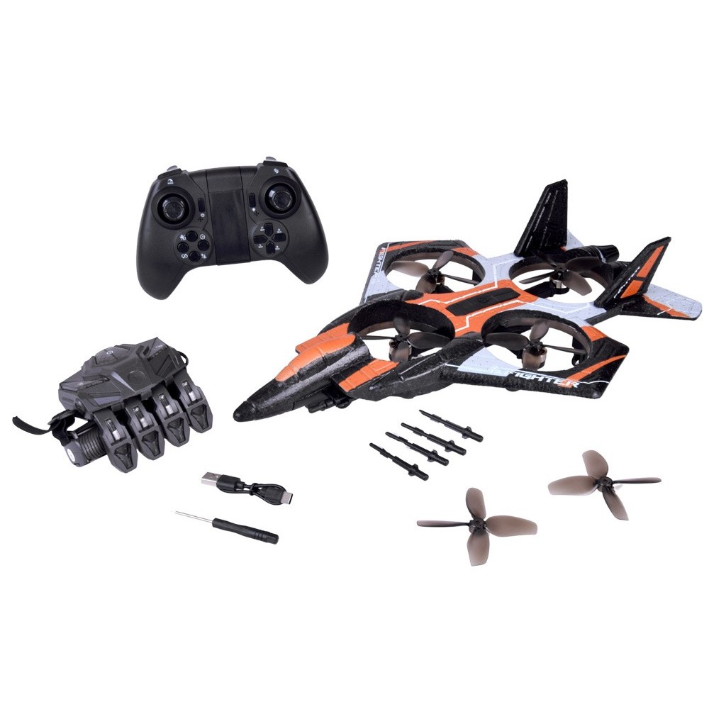 JOKO RC Dron Combat s Raketovým odpaľovačom, ovládanie rukavicou alebo diaľkovým ovládaním s Funkciou Streľby, oranžový