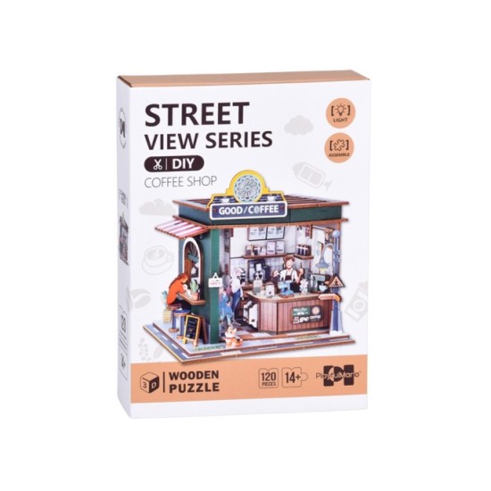 JOKO Drevené 3D Puzzle Kaviareň 120ks s LED svetlom
