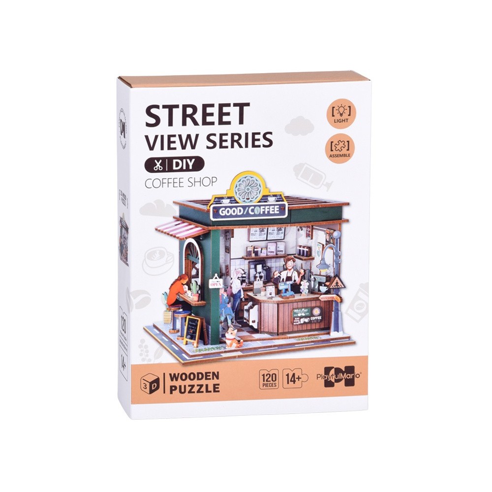JOKO Drevené 3D Puzzle Kaviareň 120ks s LED svetlom