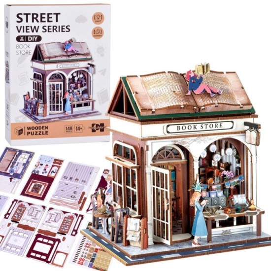 JOKO Drevené 3D Puzzle Kníhkupectvo 148ks s LED svetlom