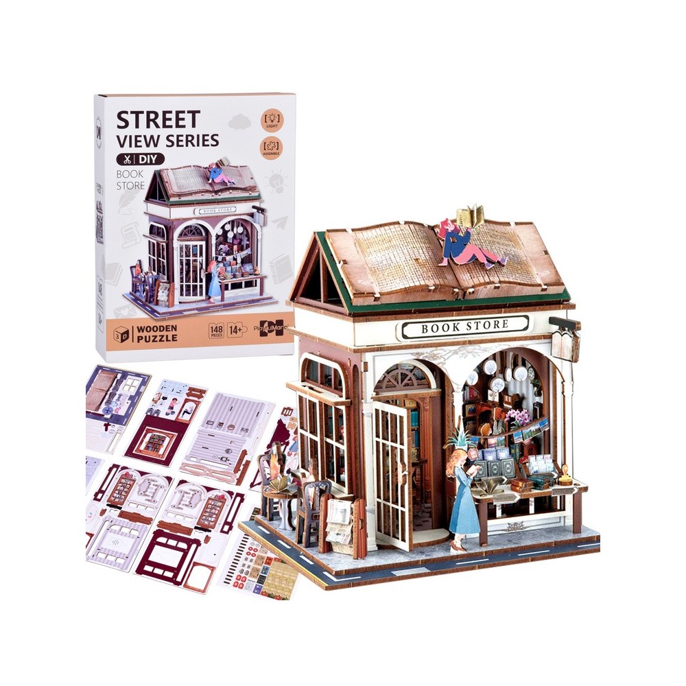 JOKO Drevené 3D Puzzle Kníhkupectvo 148ks s LED svetlom