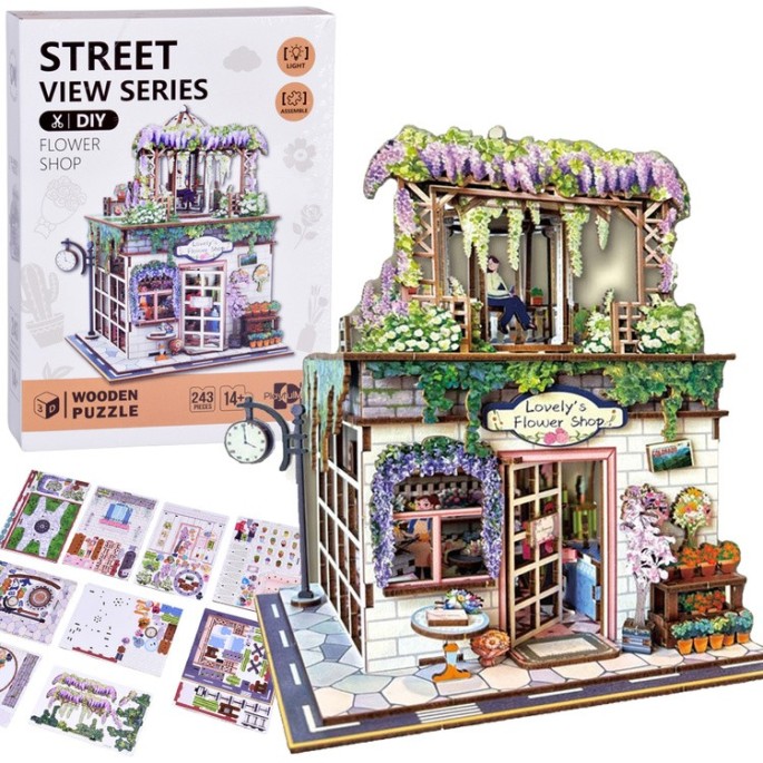 JOK Drevené 3D Puzzle Kvetinárstvo 243ks s LED svetlom
