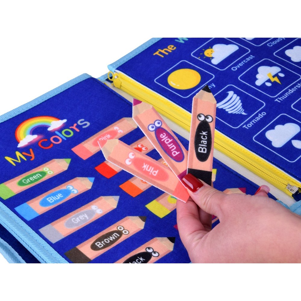 JOKO Montessori detská Vzdelávacia Senzorická kniha Vesmír s tabuľou a fixou, modrá