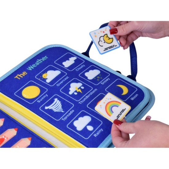 JOKO Montessori detská Vzdelávacia Senzorická kniha Vesmír s tabuľou a fixou, modrá
