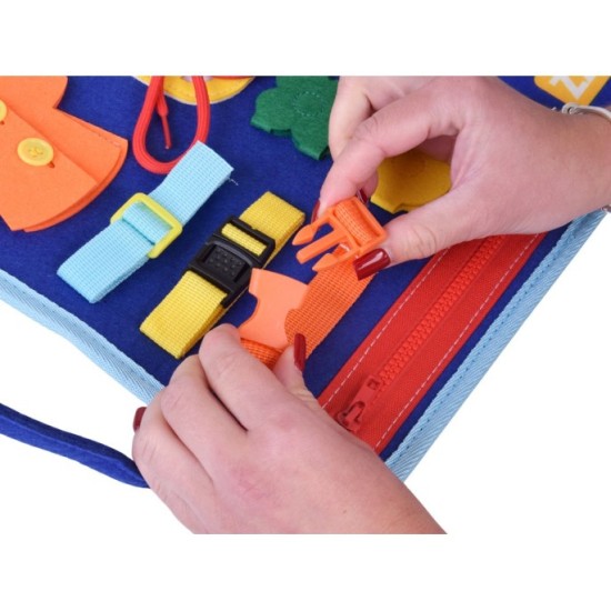 JOKO Montessori detská Vzdelávacia Senzorická kniha Vesmír s tabuľou a fixou, modrá