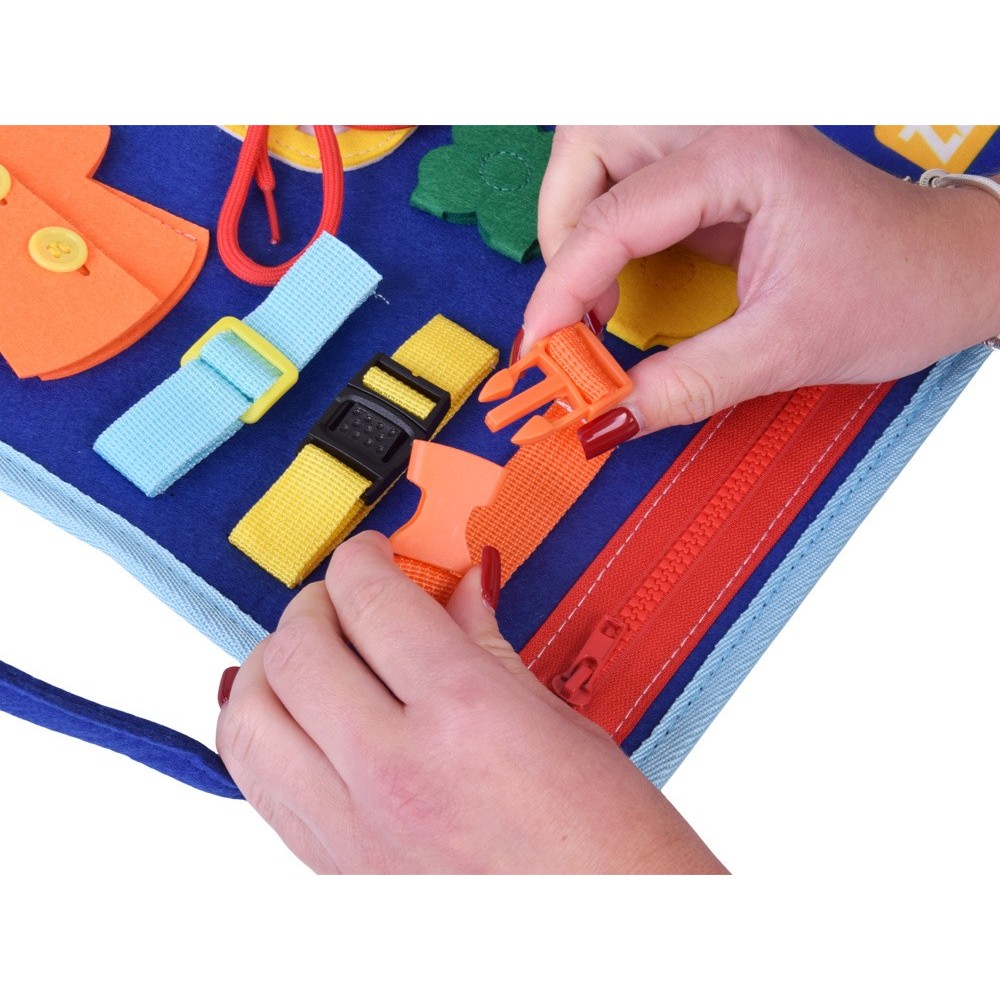 JOKO Montessori detská Vzdelávacia Senzorická kniha Vesmír s tabuľou a fixou, modrá