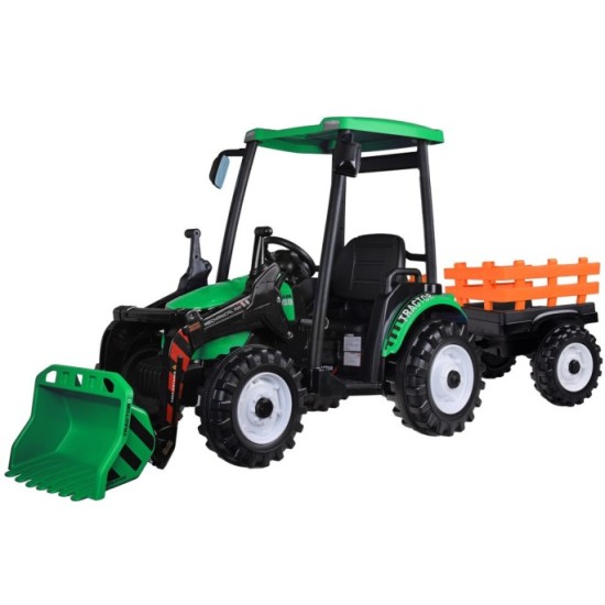 JOKO Veľký Elektrický Traktor s Kabínou 2x200W 24V s Pohyblivou Prednou Radlicou a vlečkou, hudobný panel, LED svetlá, Diaľkové