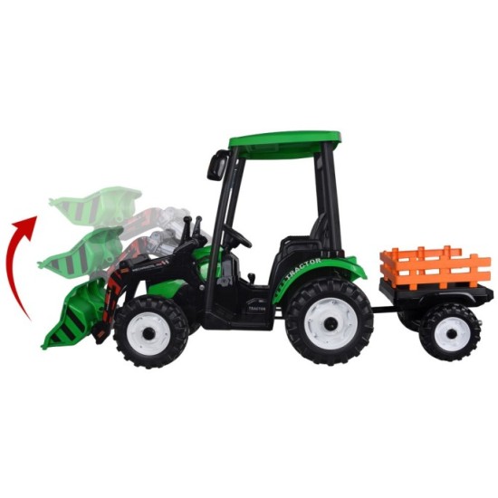 JOKO Veľký Elektrický Traktor s Kabínou 2x200W 24V s Pohyblivou Prednou Radlicou a vlečkou, hudobný panel, LED svetlá, Diaľkové