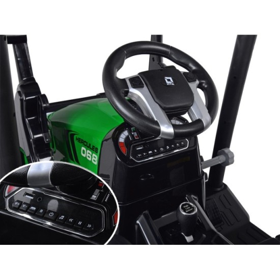 JOKO Veľký Elektrický Traktor s Kabínou 2x200W 24V s Pohyblivou Prednou Radlicou a vlečkou, hudobný panel, LED svetlá, Diaľkové