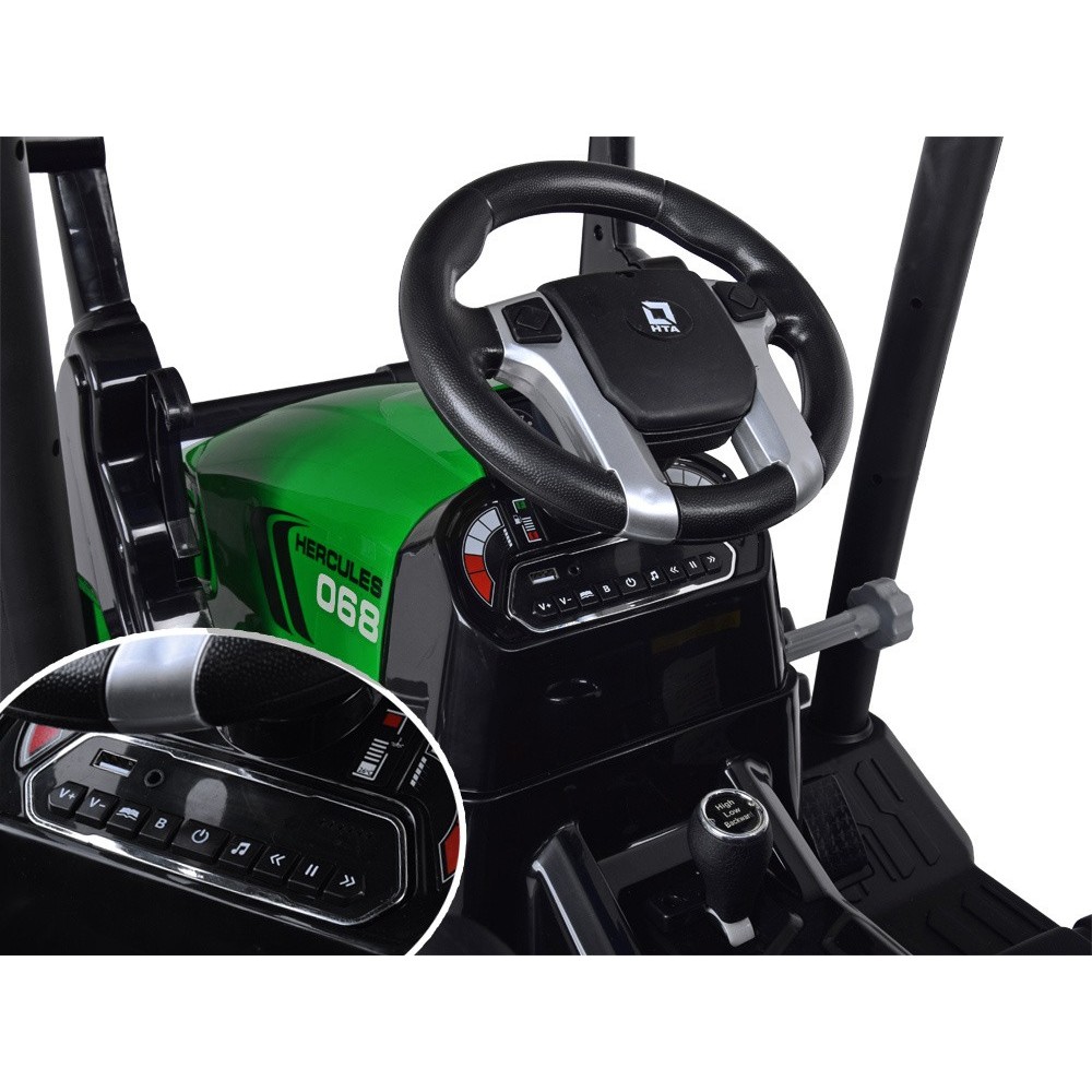JOKO Veľký Elektrický Traktor s Kabínou 2x200W 24V s Pohyblivou Prednou Radlicou a vlečkou, hudobný panel, LED svetlá, Diaľkové