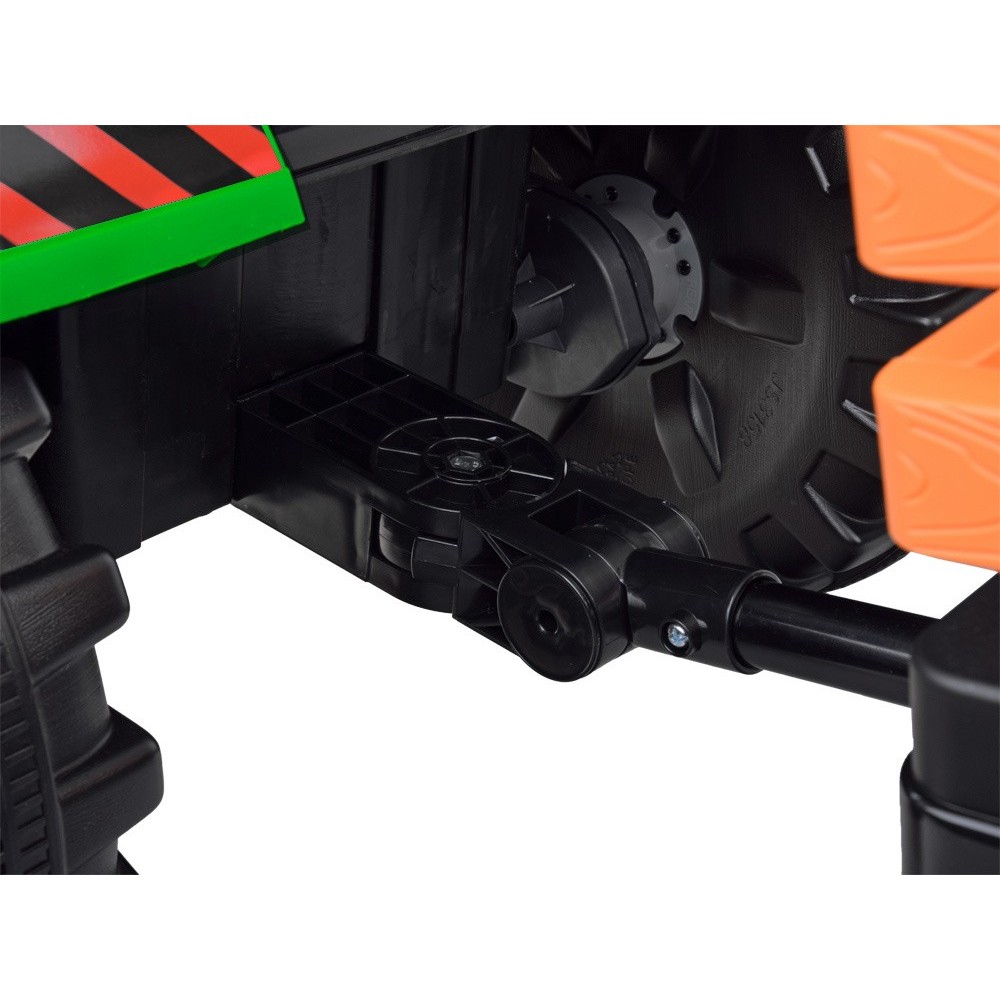 JOKO Veľký Elektrický Traktor s Kabínou 2x200W 24V s Pohyblivou Prednou Radlicou a vlečkou, hudobný panel, LED svetlá, Diaľkové