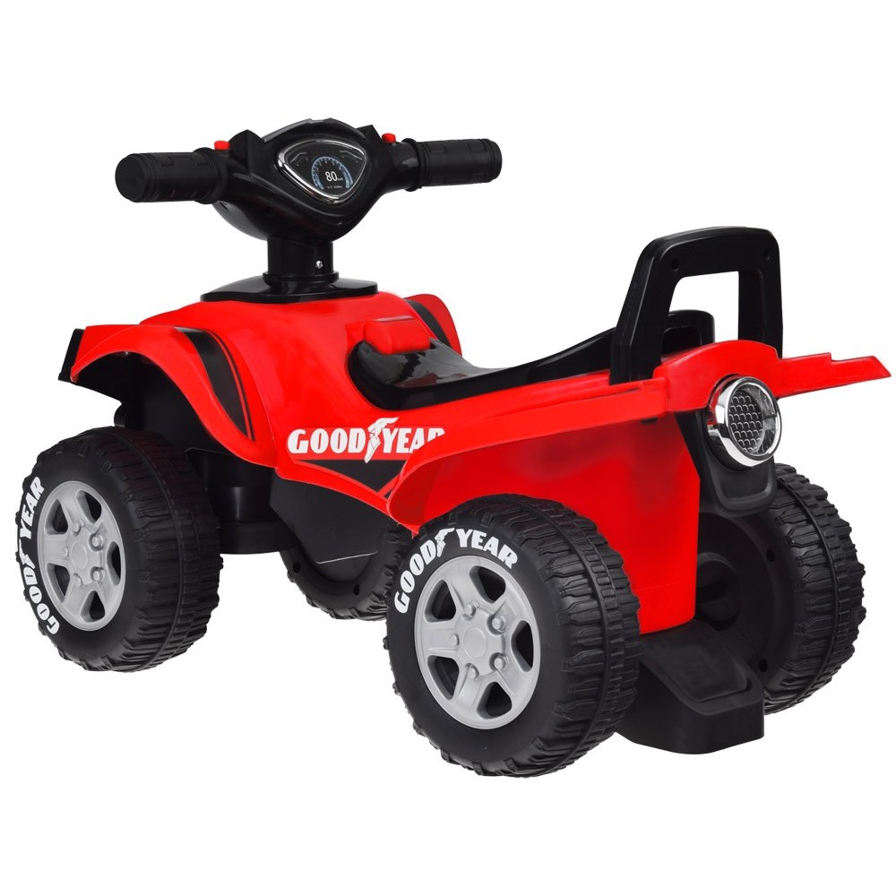 JOKO Detské Odrážadlo štvorkolka Goodyear pre najmenších, od 18 mesiacov, nosnosť 25kg, so zvukom a trúbou + úložný priestor, če