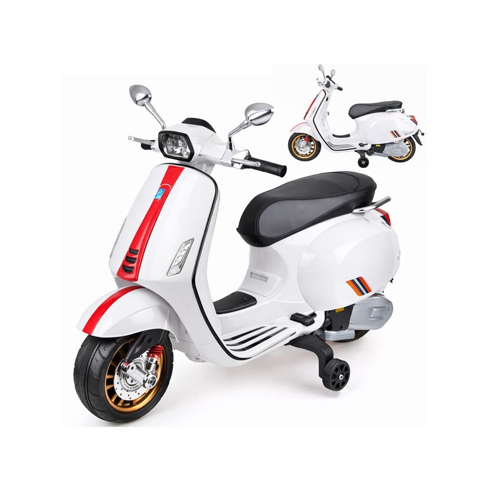 JOKO Elektrická Motorka Skúter Vespa, Kožené sedadlo, penové kolesá, FM rádio, biela