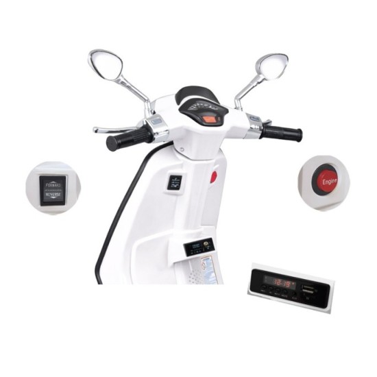 JOKO Elektrická Motorka Skúter Vespa, Kožené sedadlo, penové kolesá, FM rádio, biela