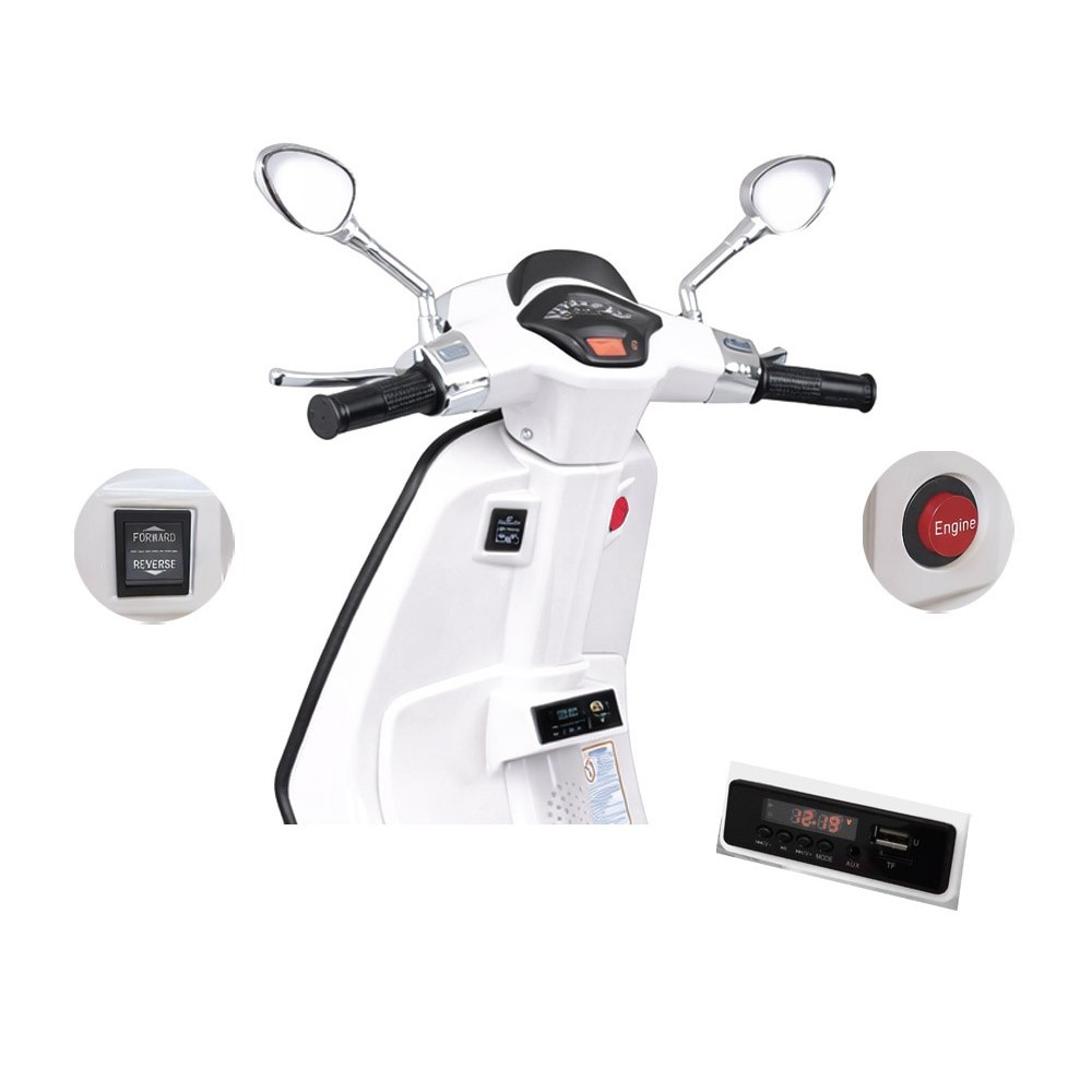 JOKO Elektrická Motorka Skúter Vespa, Kožené sedadlo, penové kolesá, FM rádio, biela