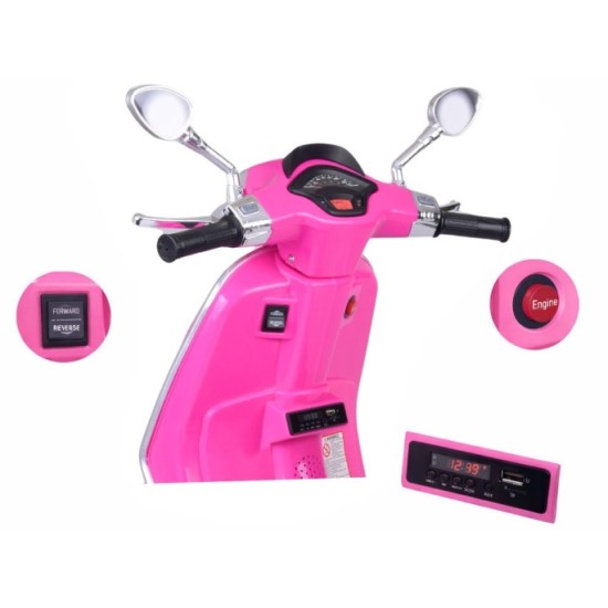 JOKO Elektrická Motorka Skúter Vespa, Kožené sedadlo, penové kolesá, FM rádio, ružová
