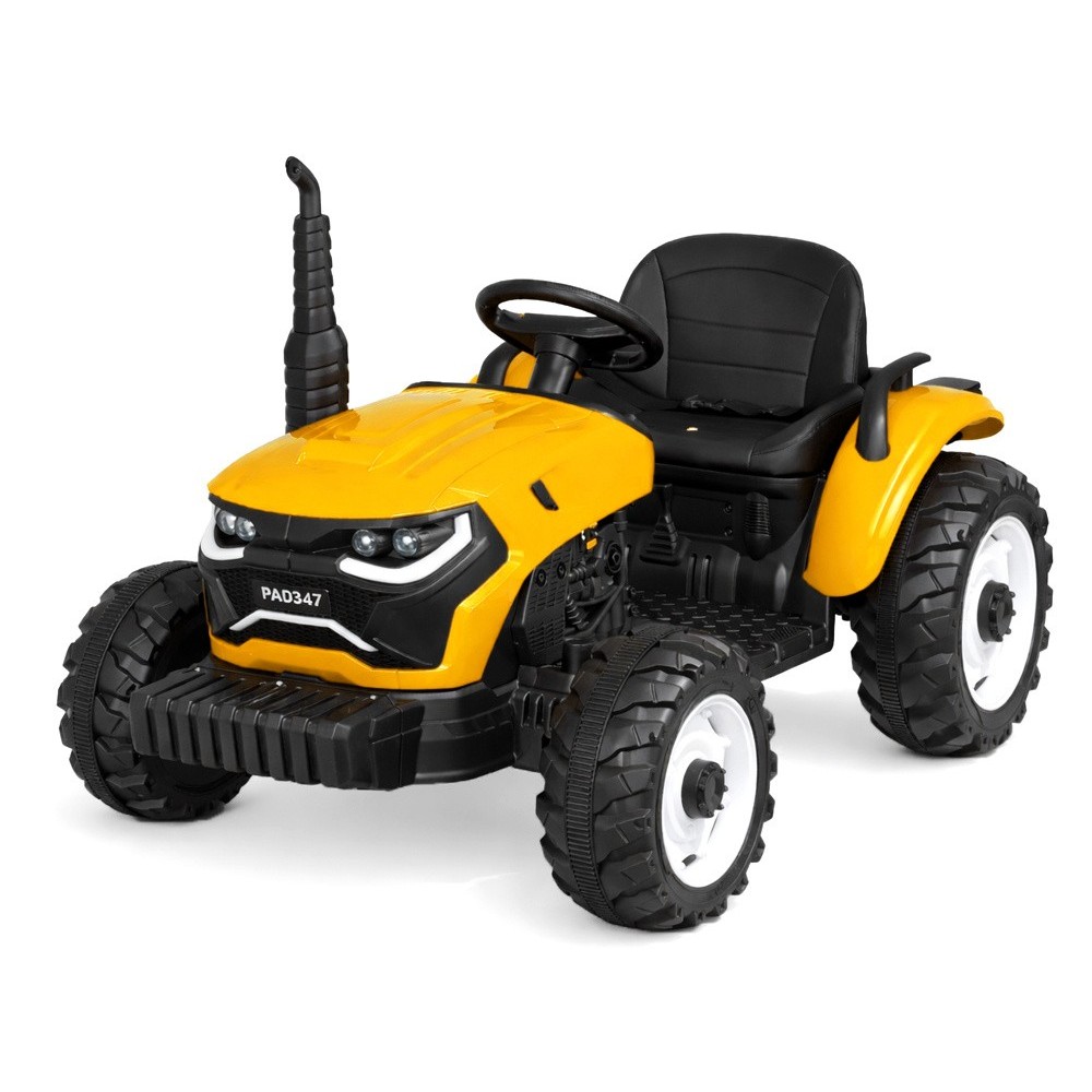 JOKO Veľký Elektrický Traktor s Elektricky vyklápacou vlečkou 205cm, 2x200W 24V, kožené sedadlo, žltý